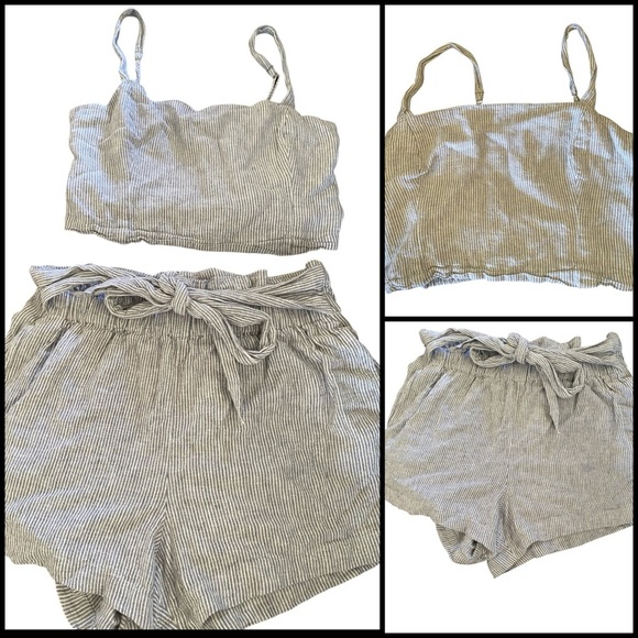Abercrombie and Fitch Linen Blend Striped Crop Top Tie Waist Shorts Set Size L - Picture 2 of 14